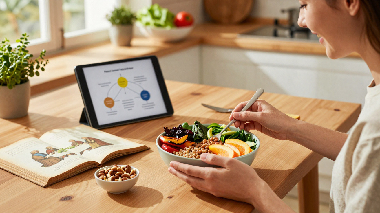 Homem a comer uma salada saudável enquanto consulta informações num tablet, com livro aberto e frutos secos na mesa.