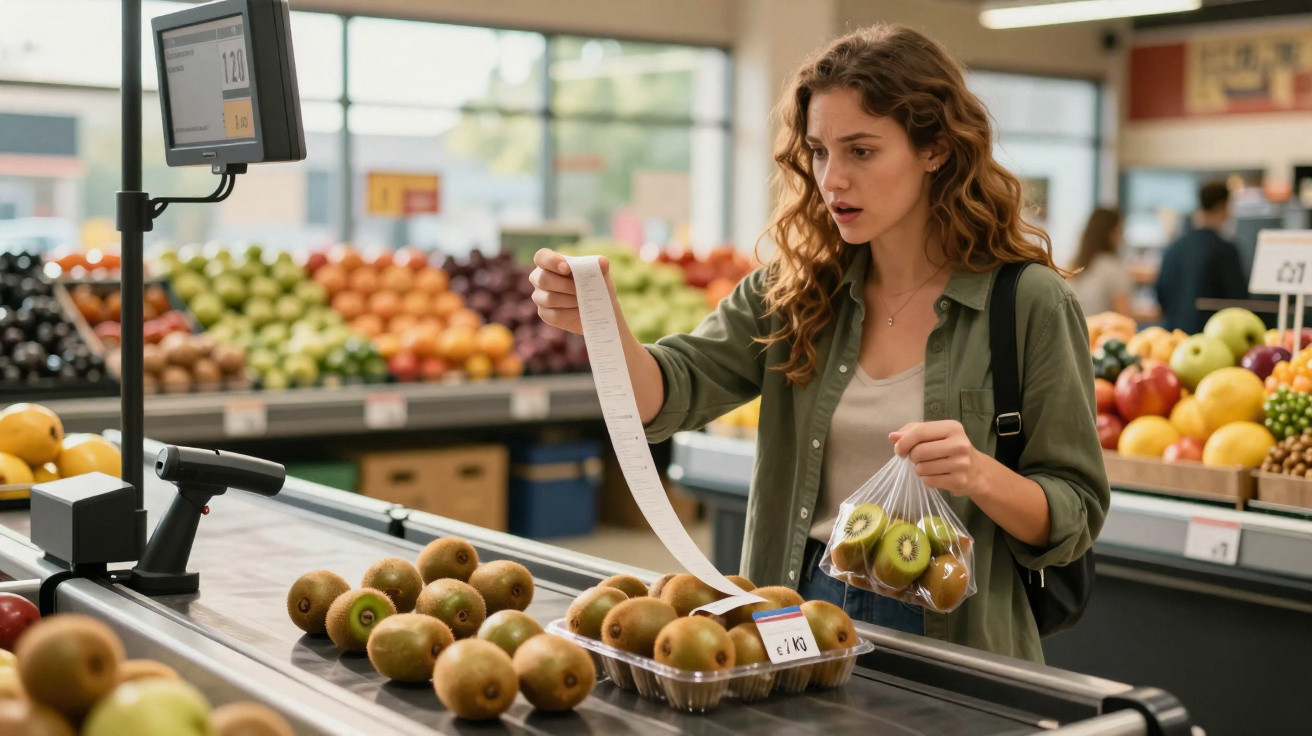 Mulher em supermercado analisa fatura enquanto segura embalagem de kiwis frescos na caixa registadora.