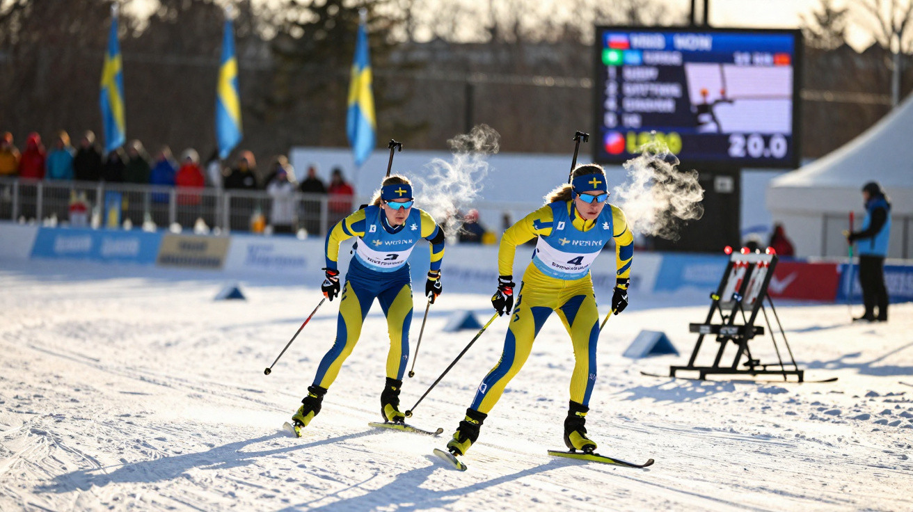 Dois esquiadores suecos competem em prova de esqui cross-country, com o vapor da respiração visível no ar frio.