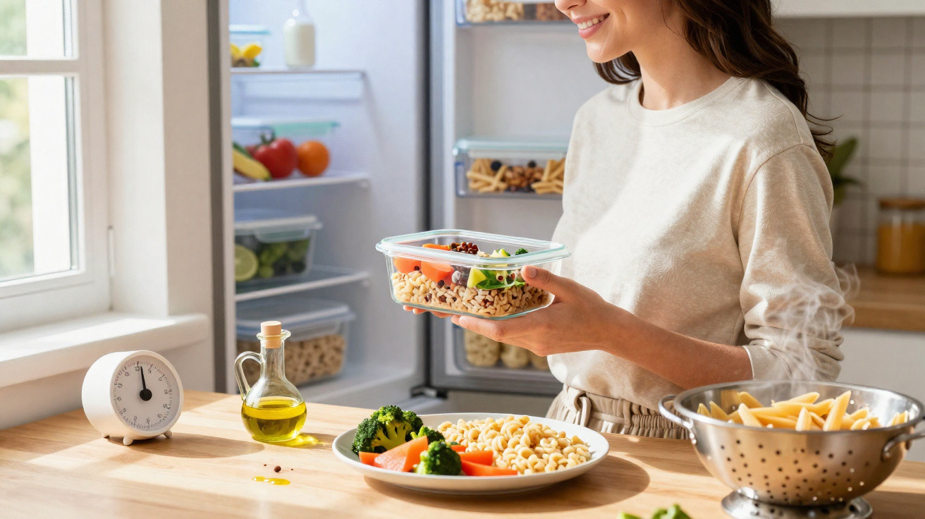Mulher na cozinha a preparar refeição saudável com legumes e massa, ao lado do frigorífico aberto.