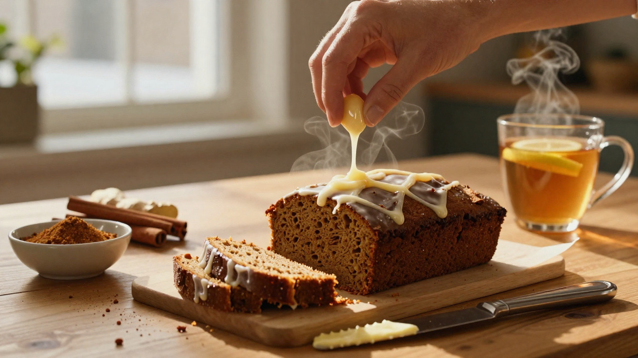 Mãos a colocar cobertura branca num bolo de pão de especiarias num ambiente acolhedor com chá a acompanhar.