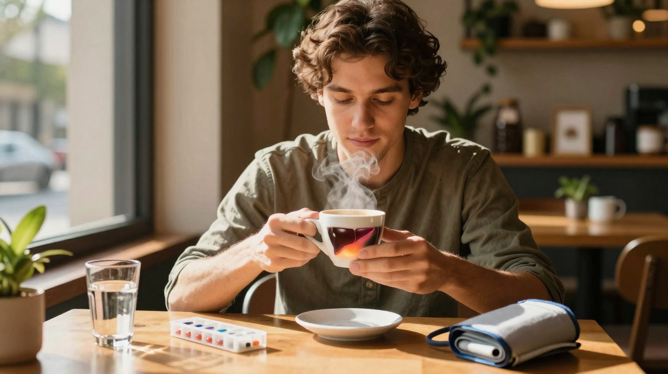 Homem sentado a segurar chávena de café fumegante numa mesa com plantas e medidor de tensão.