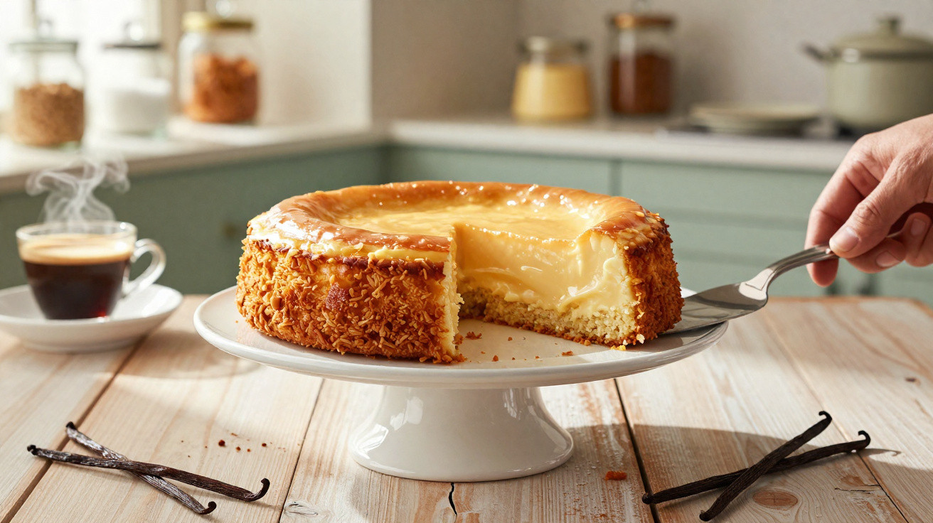 Cheesecake cremoso com fatia a ser retirada, em prato branco elevado, ao lado de chávena de café e vagens de baunilha.