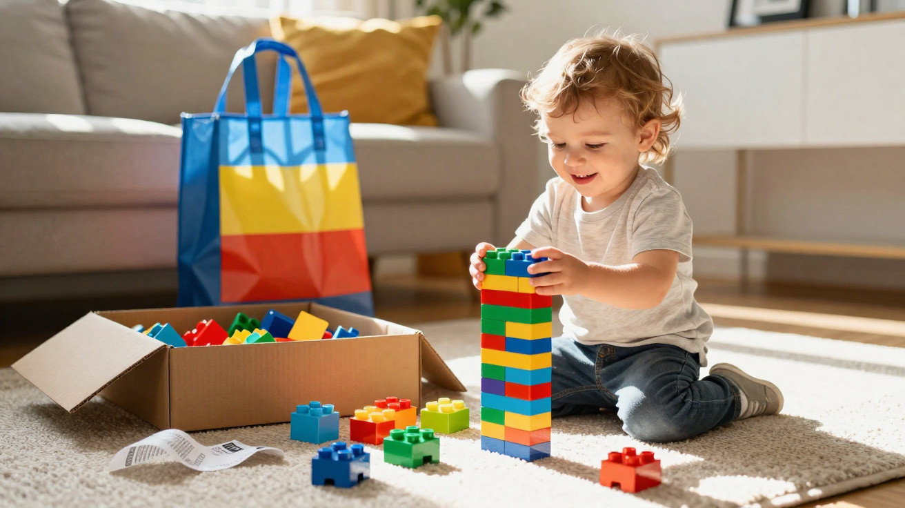 Criança pequena sentada no chão a brincar e construir torre com blocos coloridos de plástico.