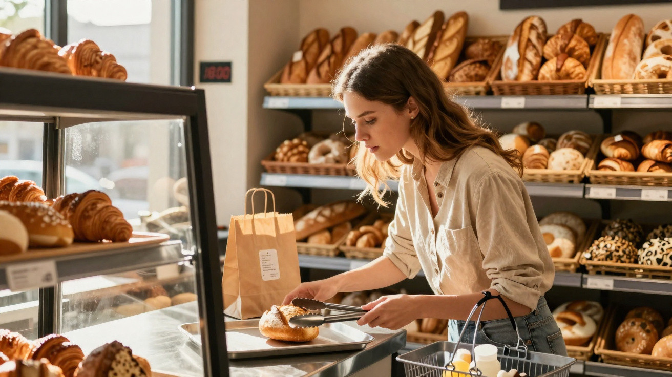 Mulher a escolher pão numa padaria moderna, com várias variedades de pão fresquinho expostas nas prateleiras.