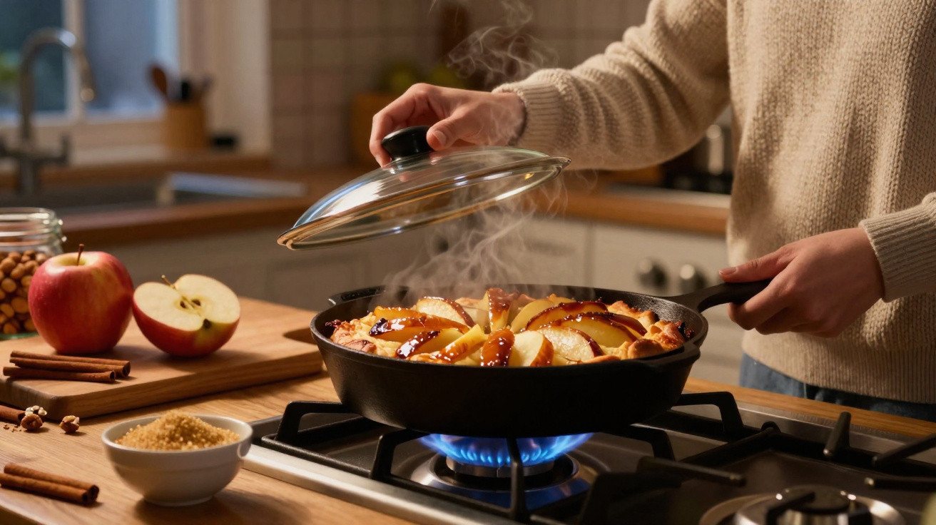 Pessoa a levantar a tampa de frigideira com maçãs a cozinhar em fogão a gás numa cozinha doméstica.