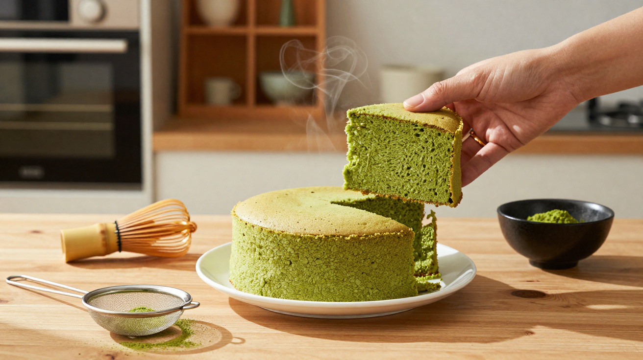 Pessoa segura fatia de bolo verde fumegante em prato branco sobre mesa de madeira com utensílios de chá verde.