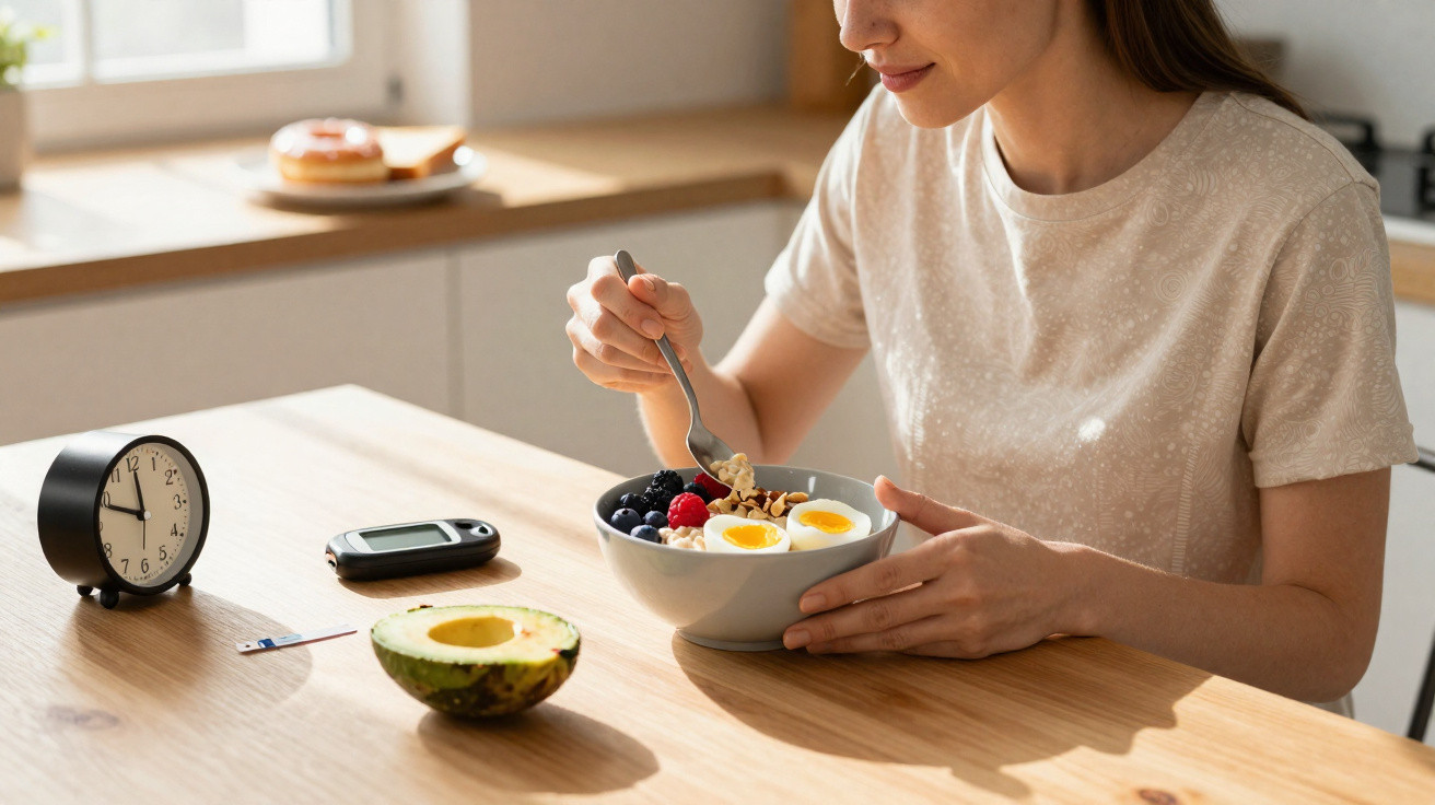 Mulher a comer pequeno-almoço saudável com ovos, frutos e abacate, com relógio e medidor de glicose na mesa.