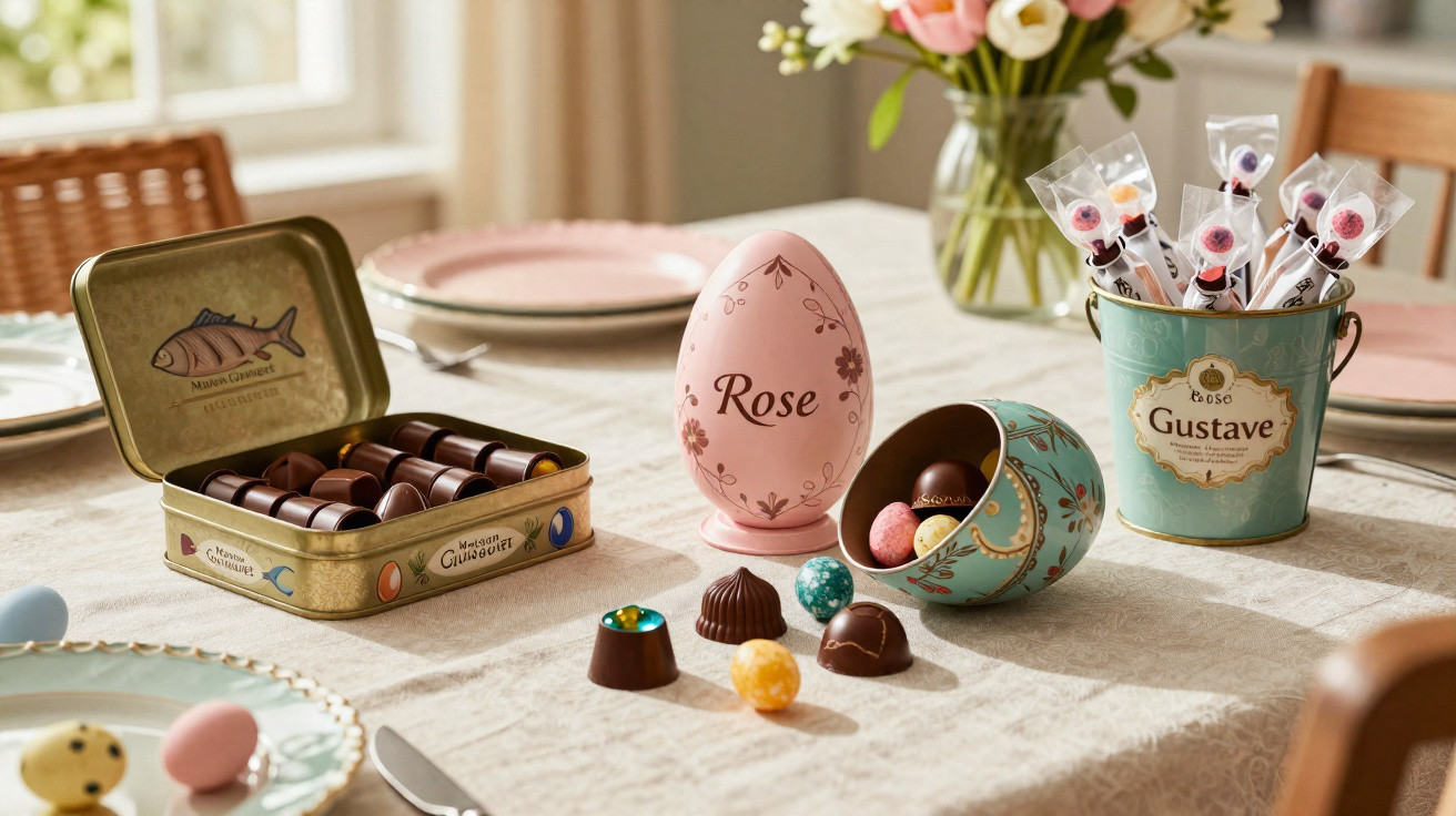 Mesa decorada com ovos de Páscoa e chocolates em latas decorativas e cachepot com flores ao fundo.