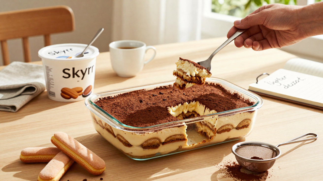 Mão a servir colher de tiramisù numa travessa de vidro, com café, bolachas e cacau numa mesa de madeira.