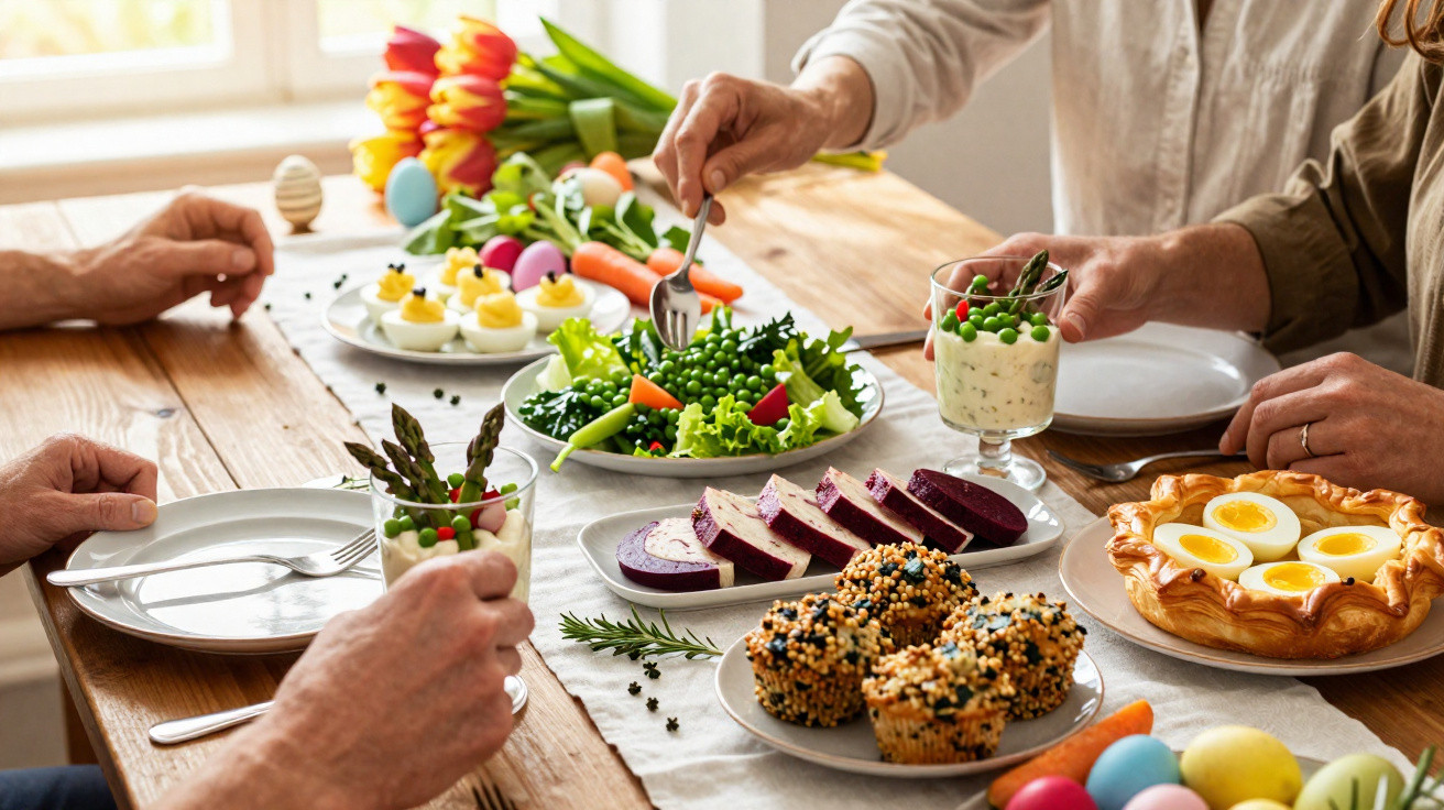 Mesa com refeições vegetais, incluindo saladas, cenouras, muffin salgado e copos com creme e espargos.
