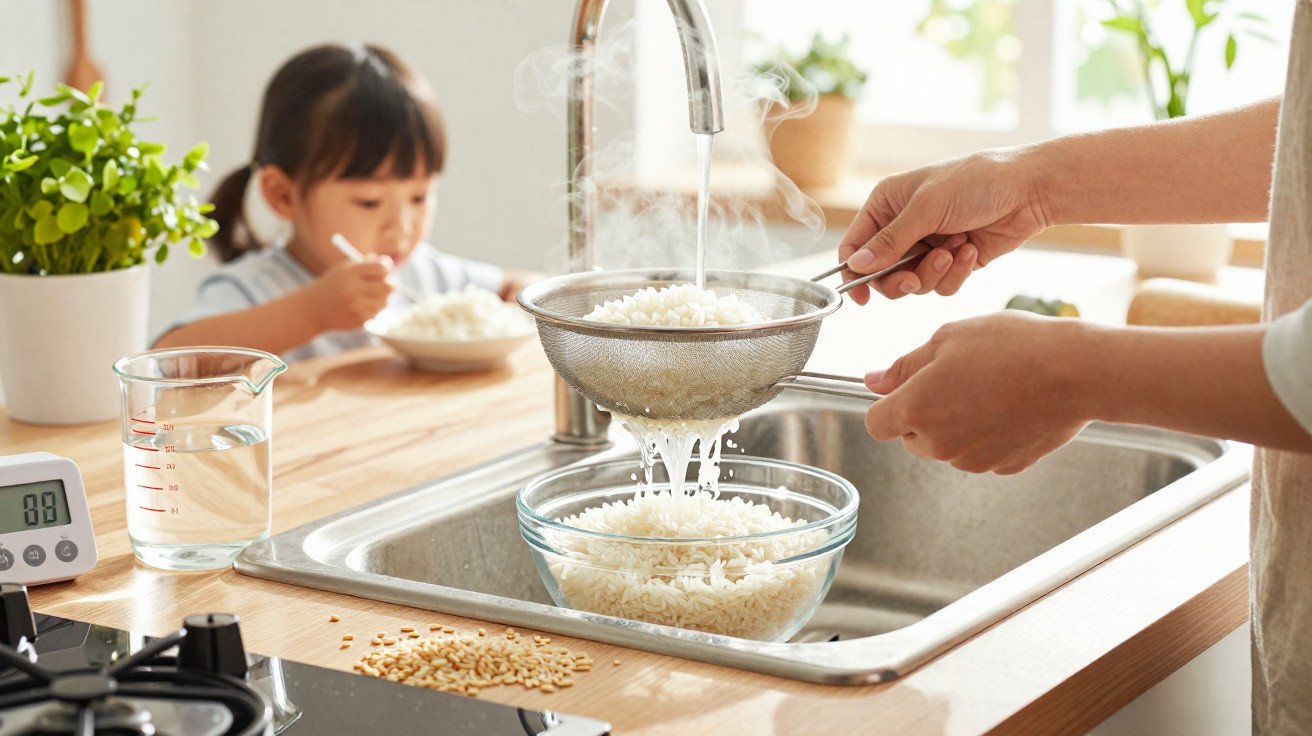 Pessoa a escorrer arroz com passador numa taça de vidro na cozinha, criança ao fundo a comer arroz.
