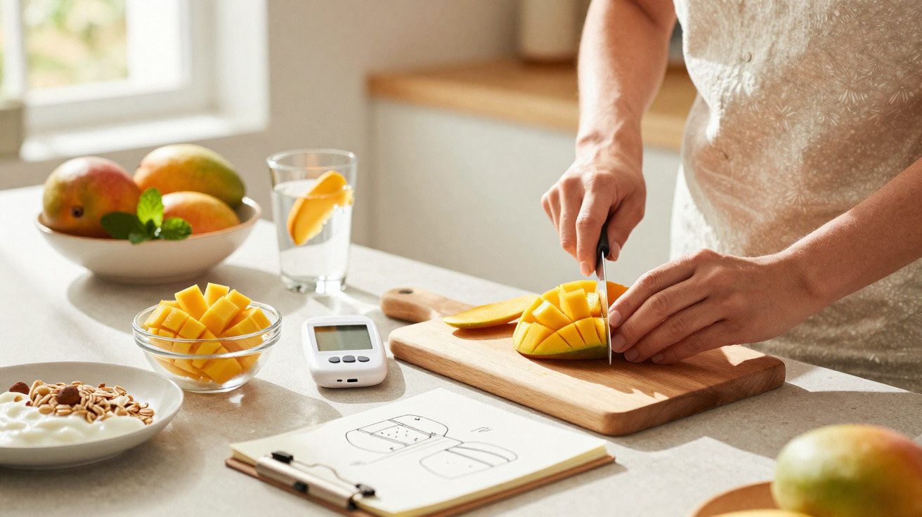 Pessoa a cortar manga em cubos numa bancada com frutas, medidor de glicose e iogurte com sementes.