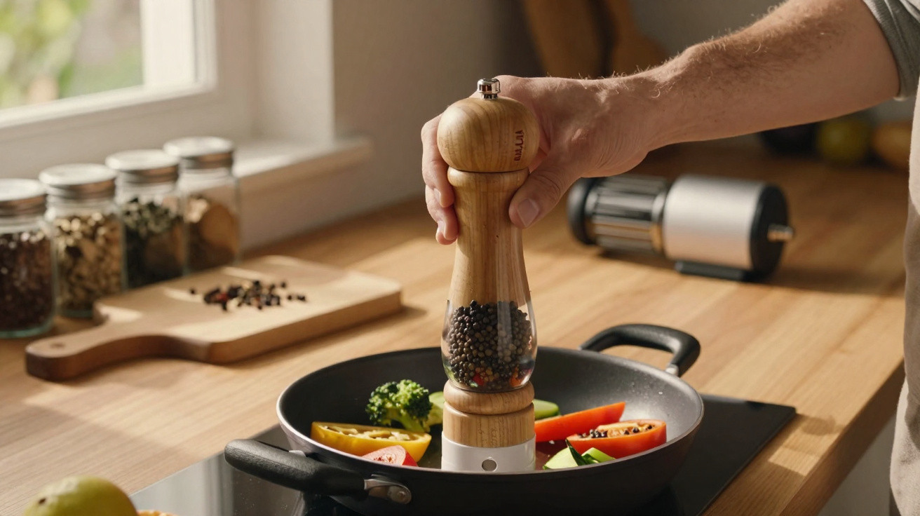 Mão a moer pimenta numa frigideira com legumes frescos numa cozinha iluminada pelo sol.