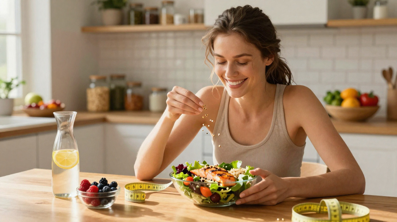 Mulher sorridente tempera salada com salmão grelhado, com frutas, água e fita métrica à mesa.