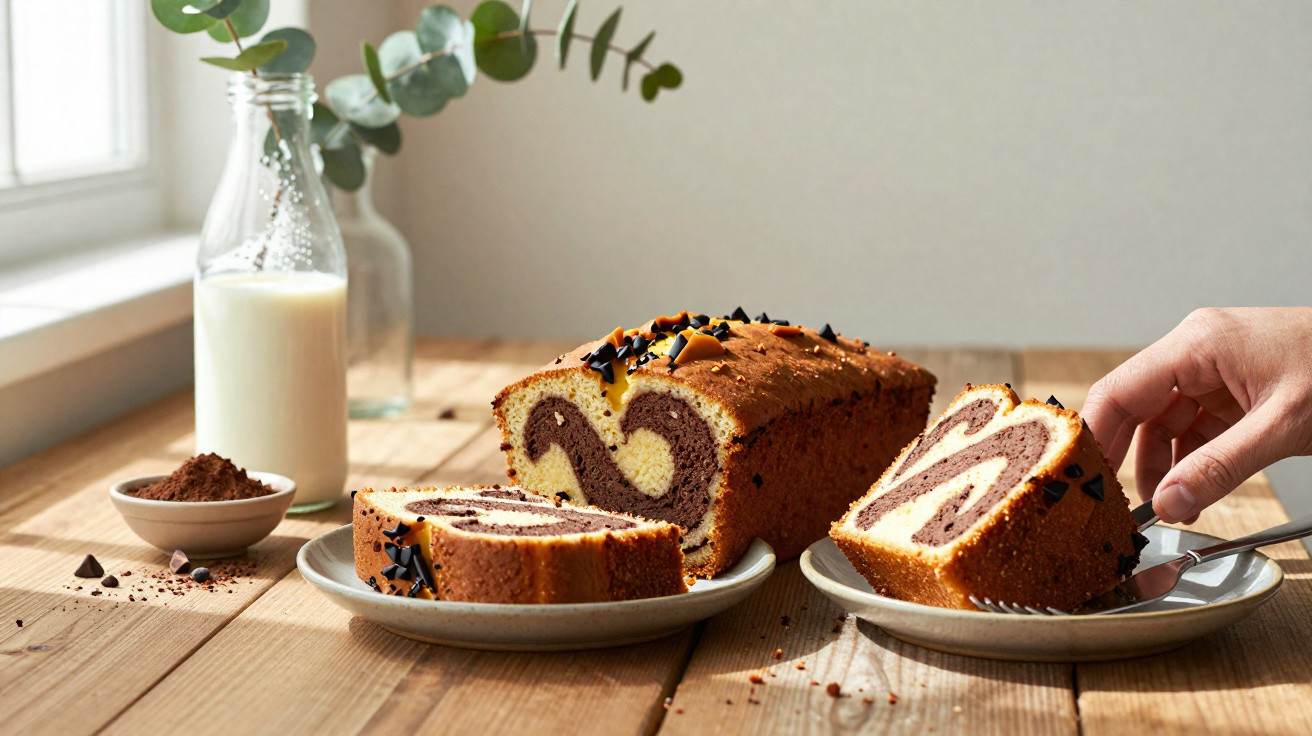Pão de ló marmoreado com chocolate cortado em fatias junto a um frasco de leite numa mesa de madeira.