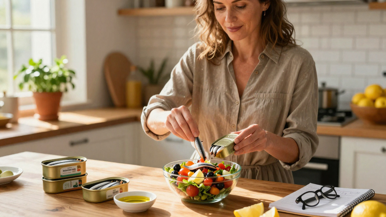 Mulher a temperar uma salada com azeite numa cozinha luminosa e acolhedora.