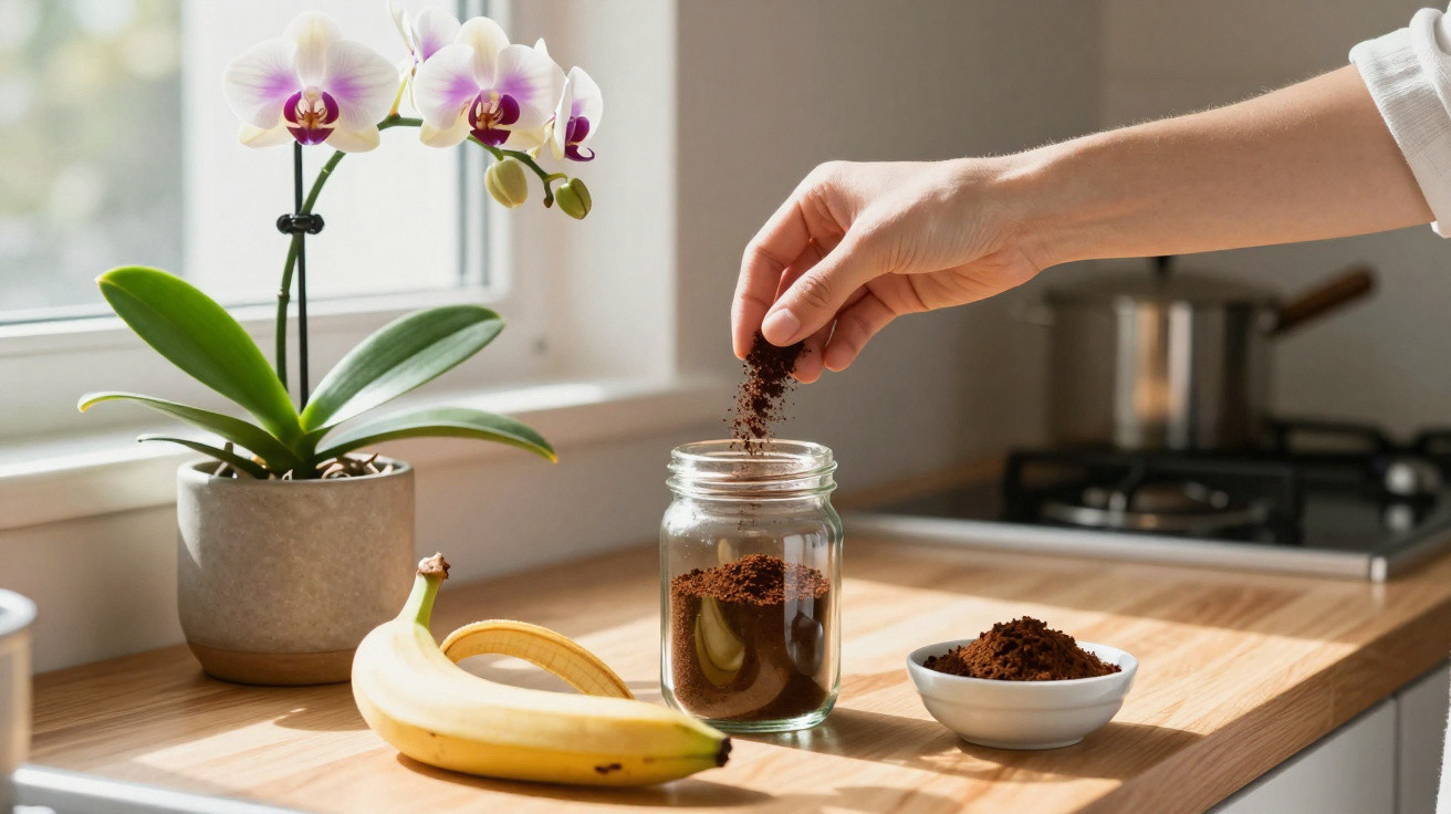 Mão colocando café moído em frasco na cozinha com orquídea branca e bananas na bancada de madeira.