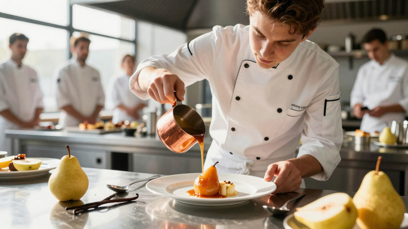 Chef a servir molho sobre pêra cozida, com pêras frescas e equipa a observar numa cozinha profissional.