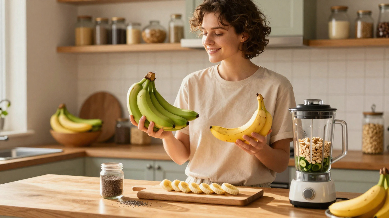 Jovem a segurar bananas na cozinha, com tábua de banana fatiada e liquidificador à frente.
