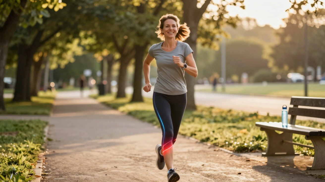 Mulher a correr num parque ao entardecer com árvores e banco ao lado do caminho.