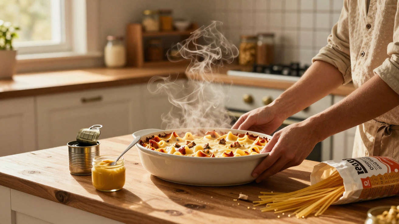 Massa gratinada fumegante numa travessa de vidro sobre balcão de madeira numa cozinha iluminada.