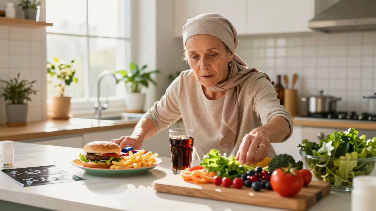 Mulher com lenço na cabeça escolhe entre fast food e legumes frescos numa cozinha luminosa.