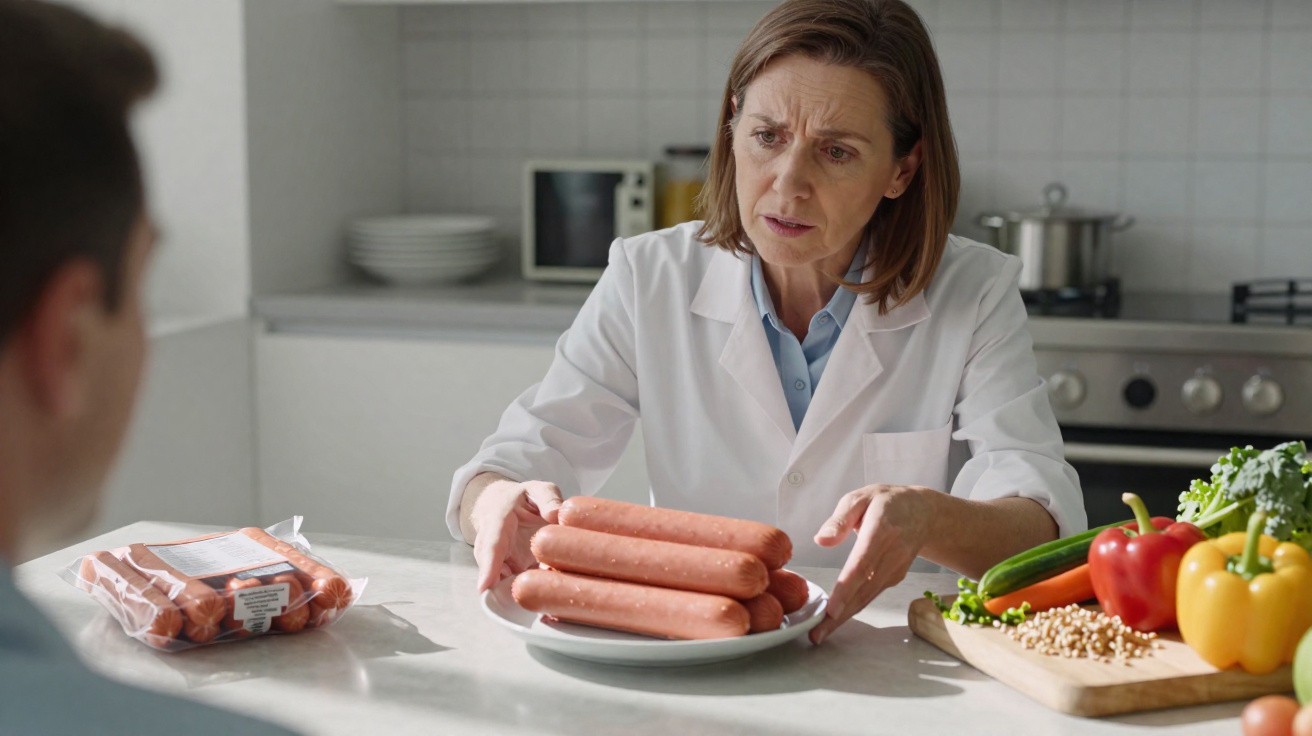 Médica a explicar riscos de salsichas para a saúde, com legumes frescos e salsichas na mesa.