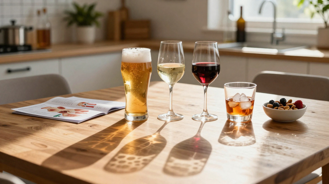 Três copos com cerveja, vinho branco e vinho tinto, um copo com whisky e gelo, e uma tigela com frutos secos numa mesa.