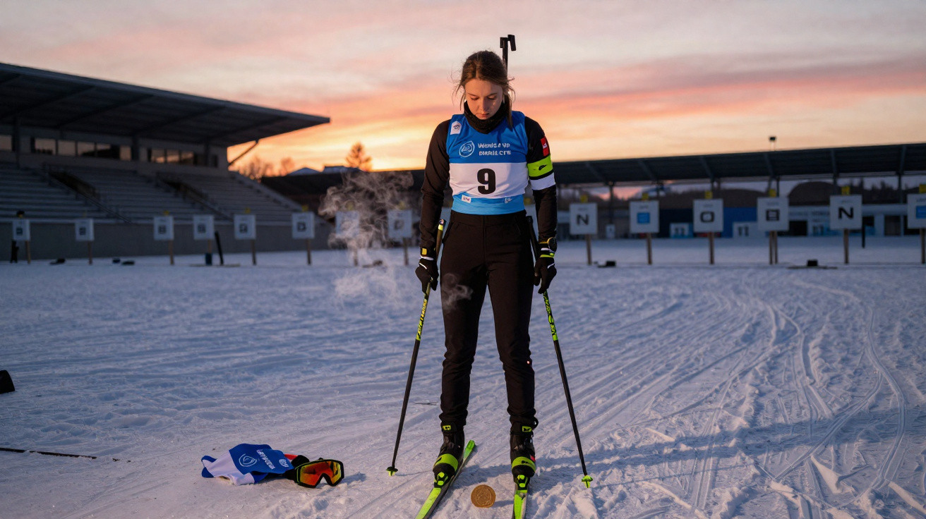 Atleta de esqui cross-country em pista de neve ao pôr do sol olhando para um prémio no chão.