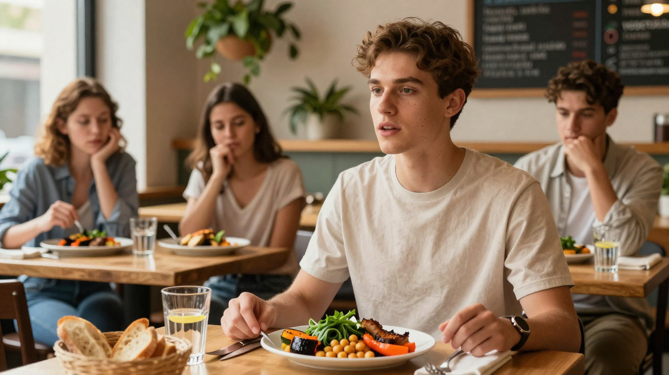 Jovem com expressão preocupada a almoçar vegetais, com três adolescentes ao fundo num restaurante.