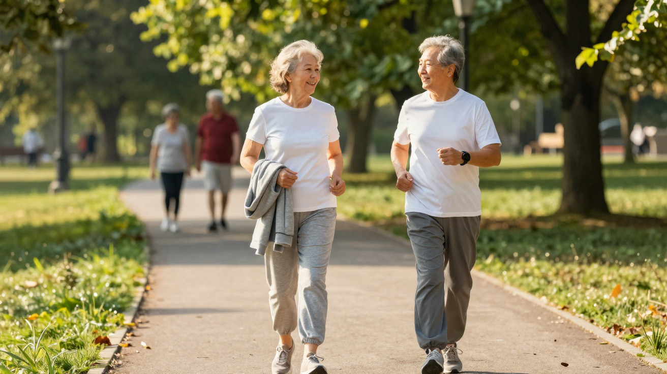 Duas mulheres idosas a caminhar e conversar num parque ensolarado com árvores ao fundo.
