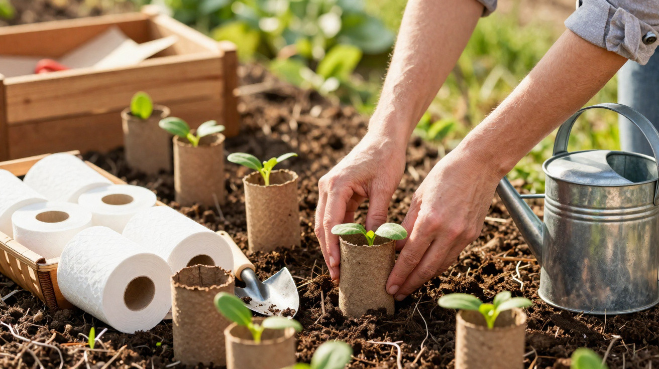 Mãos a transplantar pequenas plantas em vasos biodegradáveis na terra, com regador e enxada ao lado.