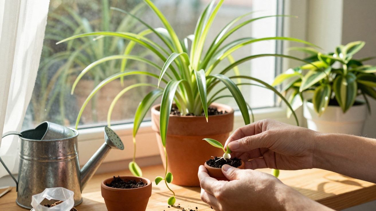Mãos a transplantar uma pequena planta num vaso perto de uma planta maior e um regador numa janela iluminada.