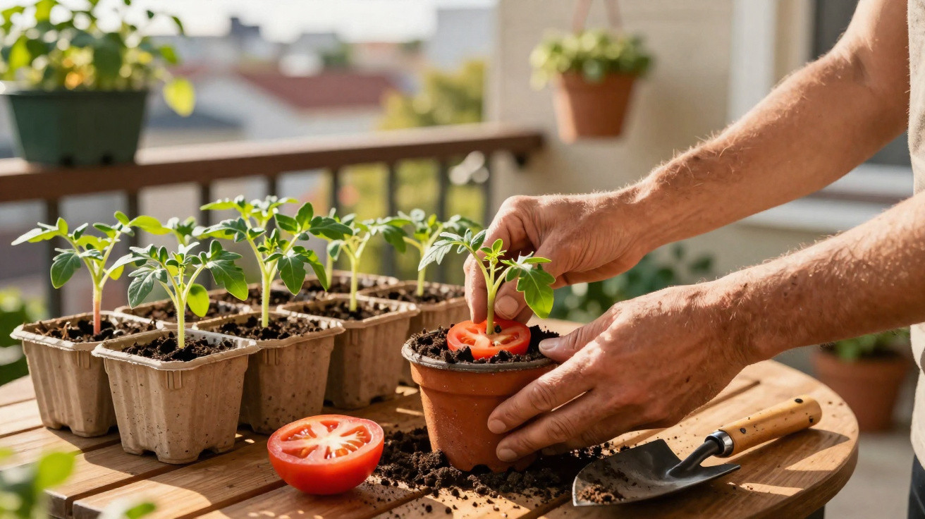 Mãos a transplantar uma muda de tomateiro para vaso com terra numa varanda ensolarada.