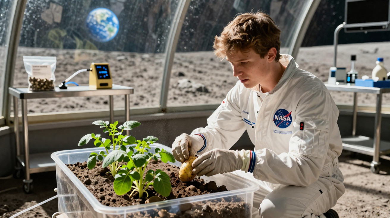 Jovem astronauta cultiva plantas em estufa lunar, com vista da Terra ao fundo.