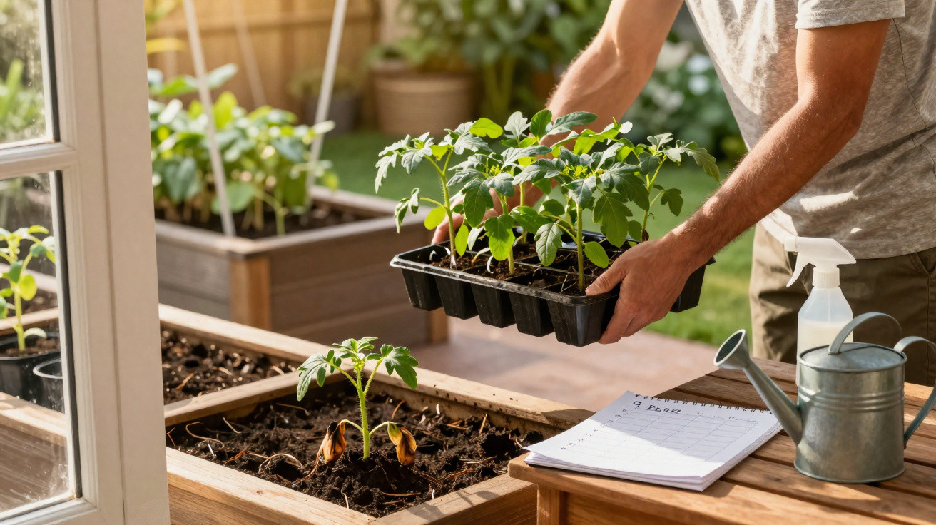 Pessoa a preparar plantações num jardim com regador, pulverizador e calendário numa mesa.
