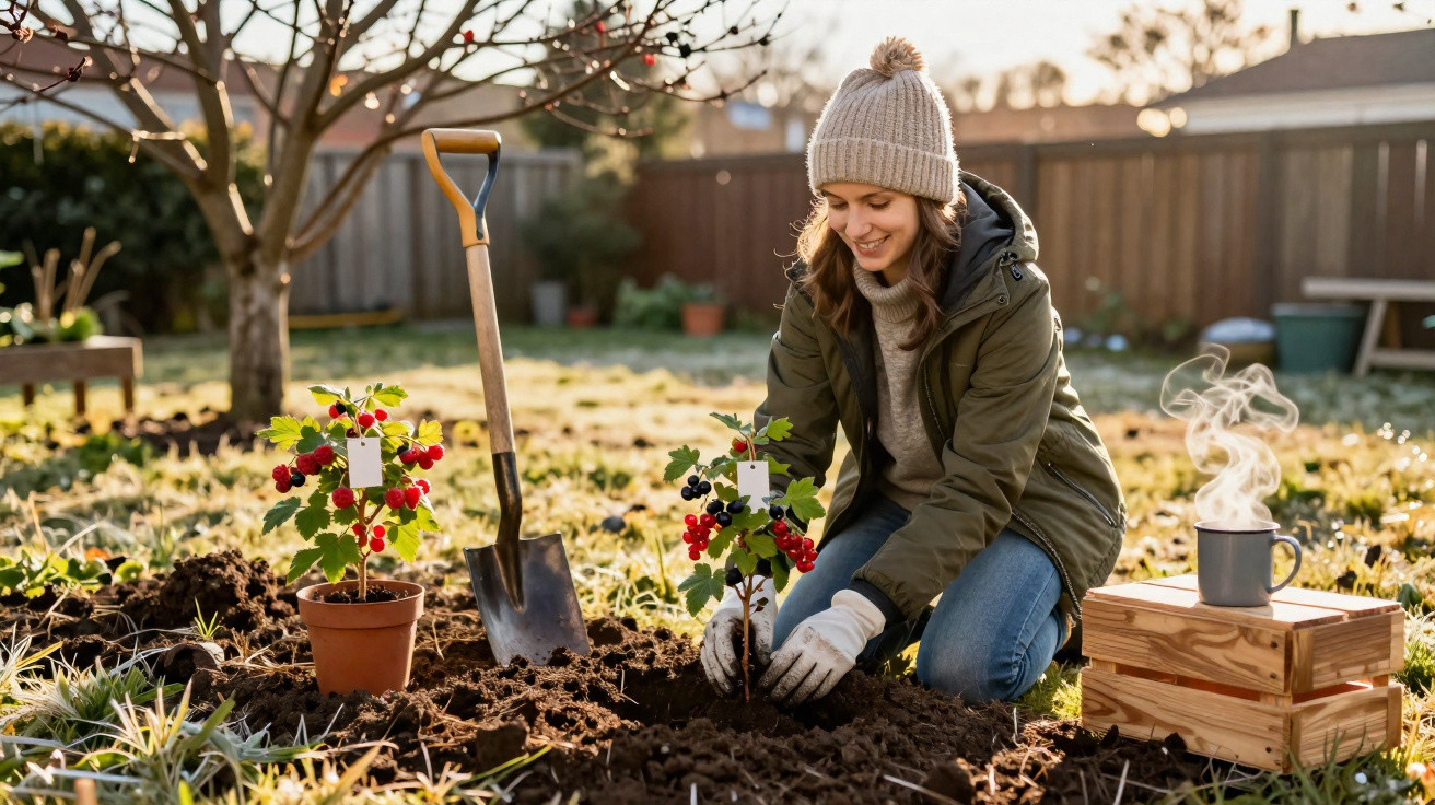 Mulher a plantar arbusto de frutos vermelhos num jardim, vestida com casaco e gorro, em dia soalheiro.