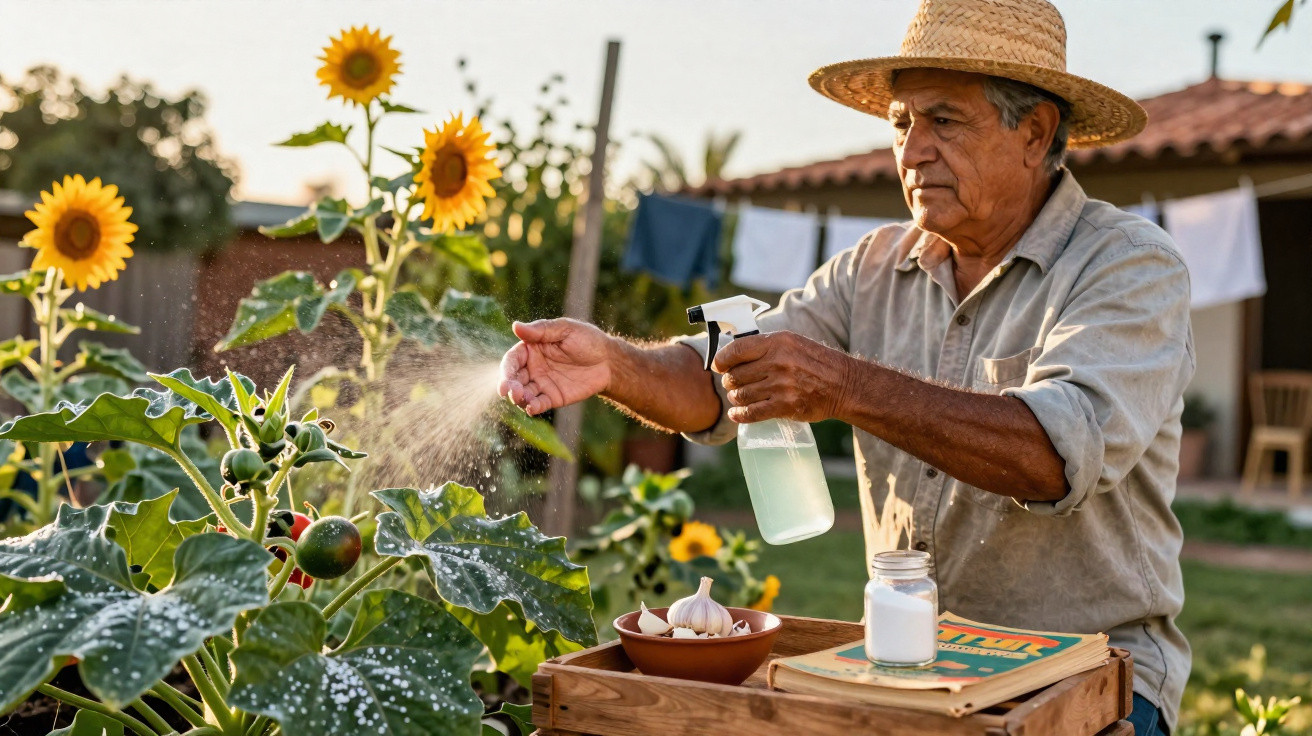 Homem idoso com chapéu rega plantas com pulverizador num jardim ensolarado, com girassóis ao fundo.
