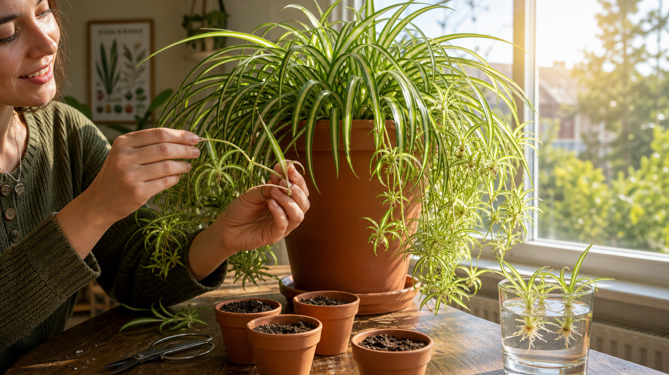 Pessoa a cuidar de planta verde em vaso terracota junto a vários vasos pequenos com terra e plantas em água junto à janela.