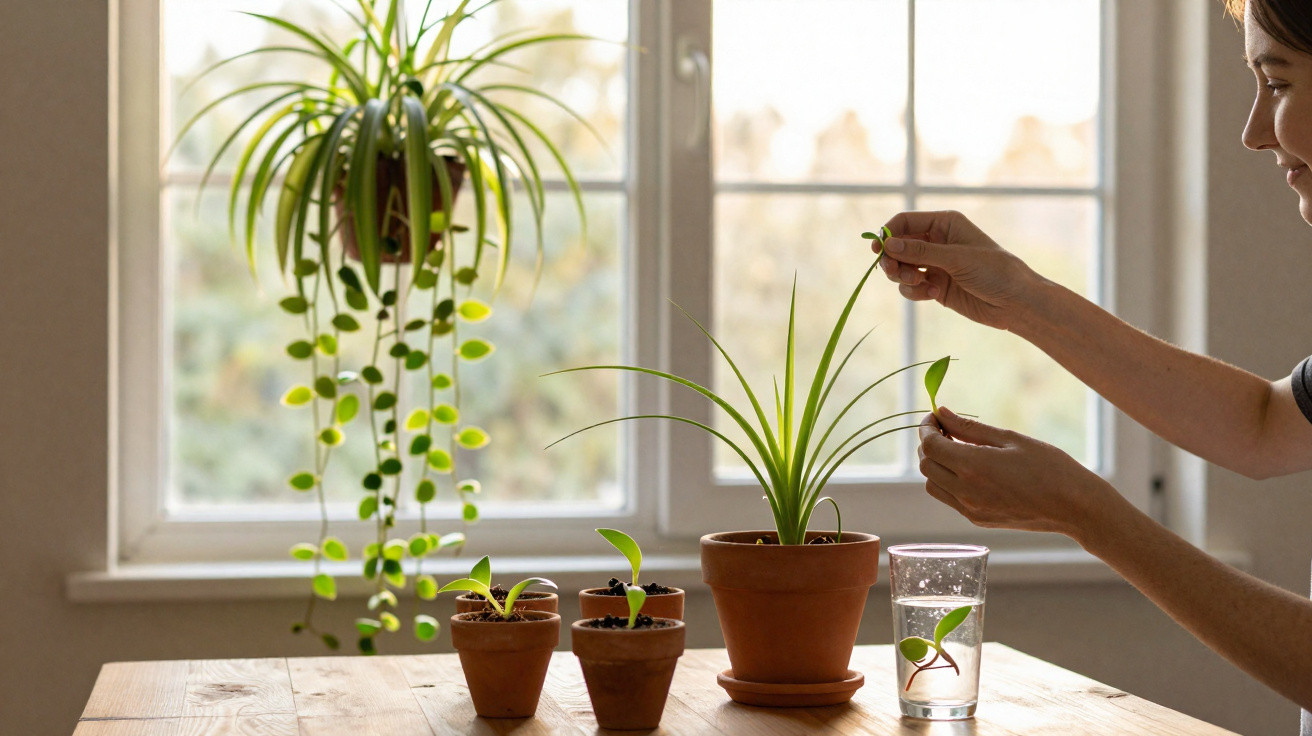 Pessoa transplantando planta num copo de água junto a várias plantas em vasos junto a uma janela.