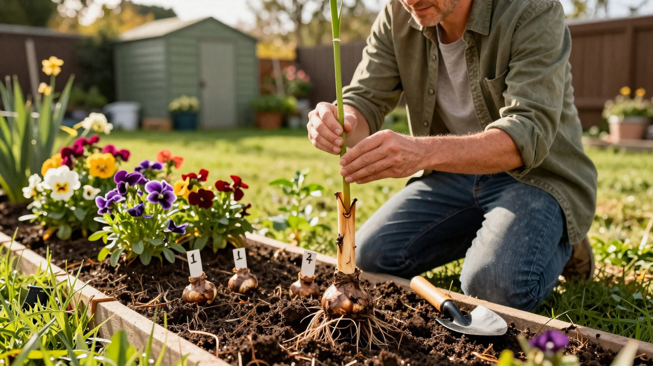 Homem a cuidar de plantas num jardim, ajoelhado e a mexer na terra com ferramentas de jardinagem.