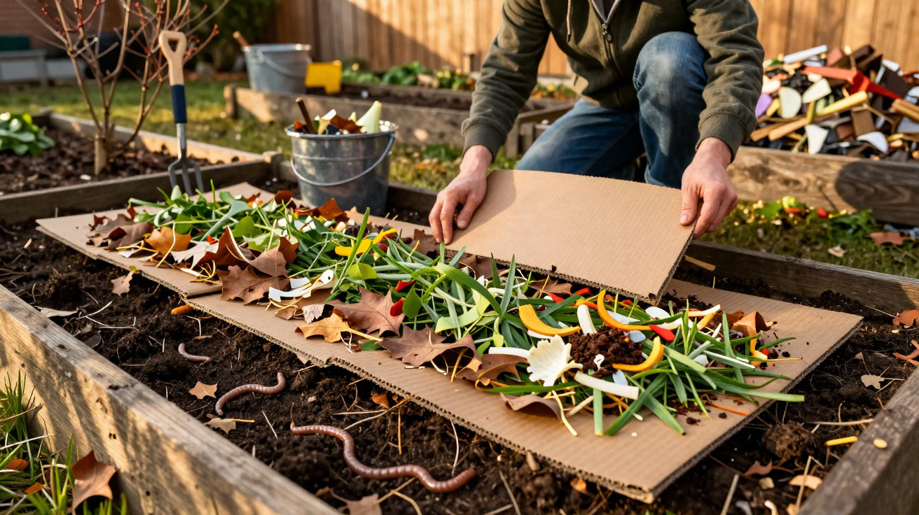 Pessoa a preparar composto orgânico com restos de comida e folhas numa horta urbana ao ar livre.