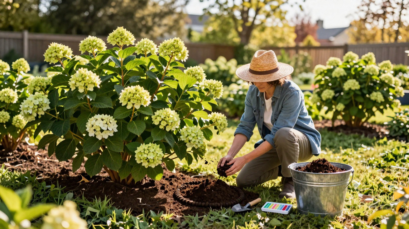 Mulher a cuidar de flores hortênsias num jardim ensolarado, usando chapéu de palha.