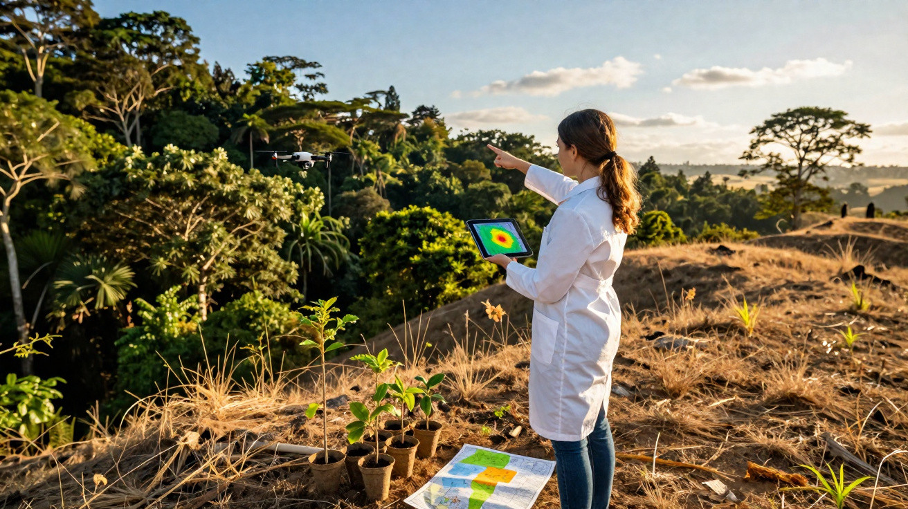 Mulher com bata branca controla drone na agricultura usando tablet e mapas no campo ao entardecer.