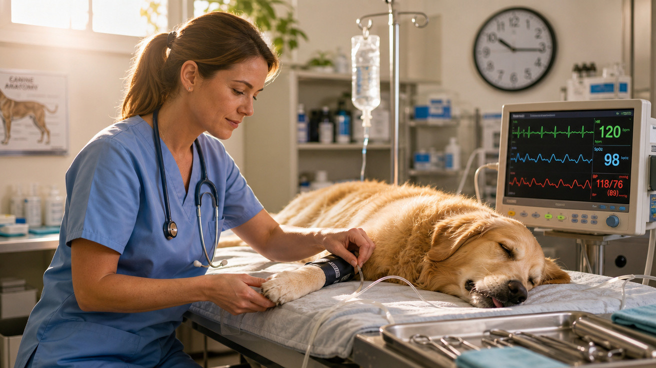 Veterinária a medir pressão de cão golden retriever deitado em mesa de clínica veterinária.