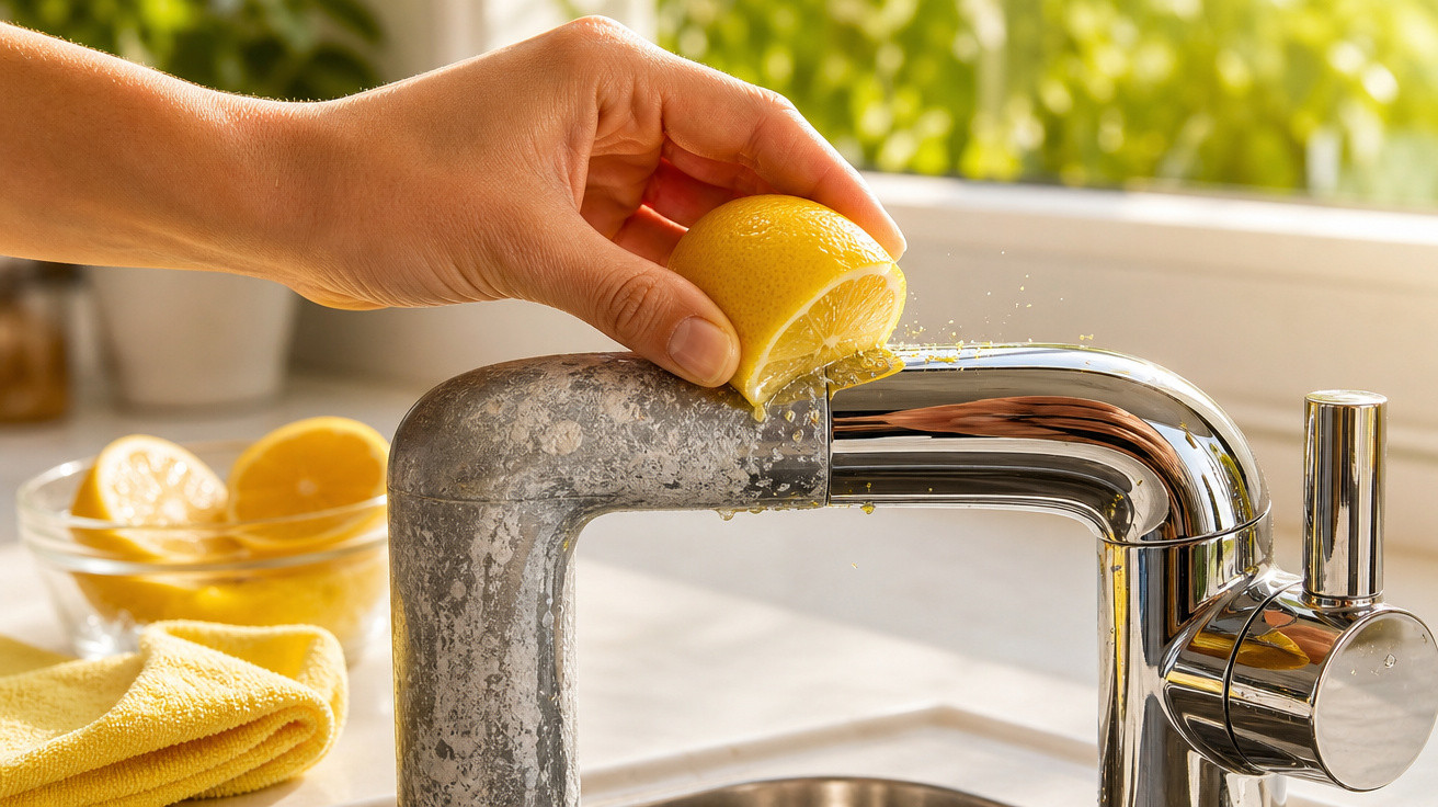 Mão a espremer meio limão sobre uma torneira metálica na cozinha, com limões e pano amarelo ao fundo.