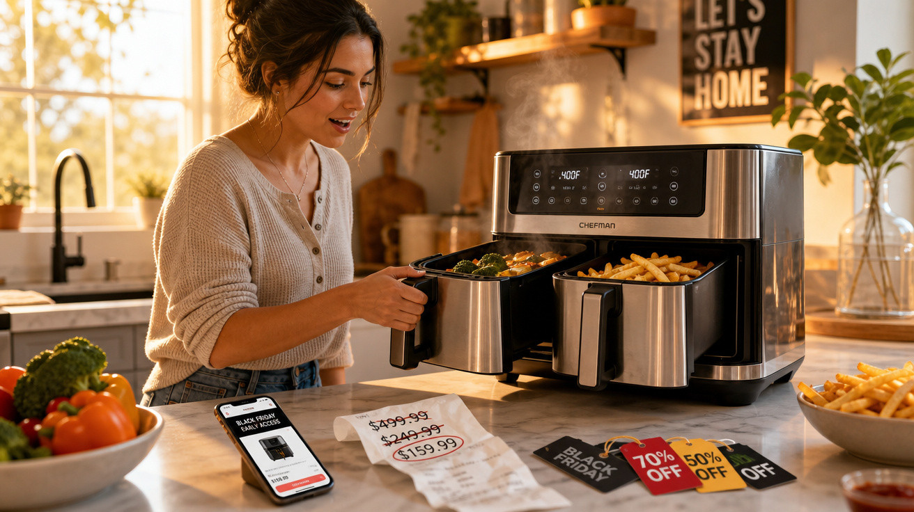Mulher retira alimentos de fritadeira elétrica dupla na cozinha durante promoções Black Friday.