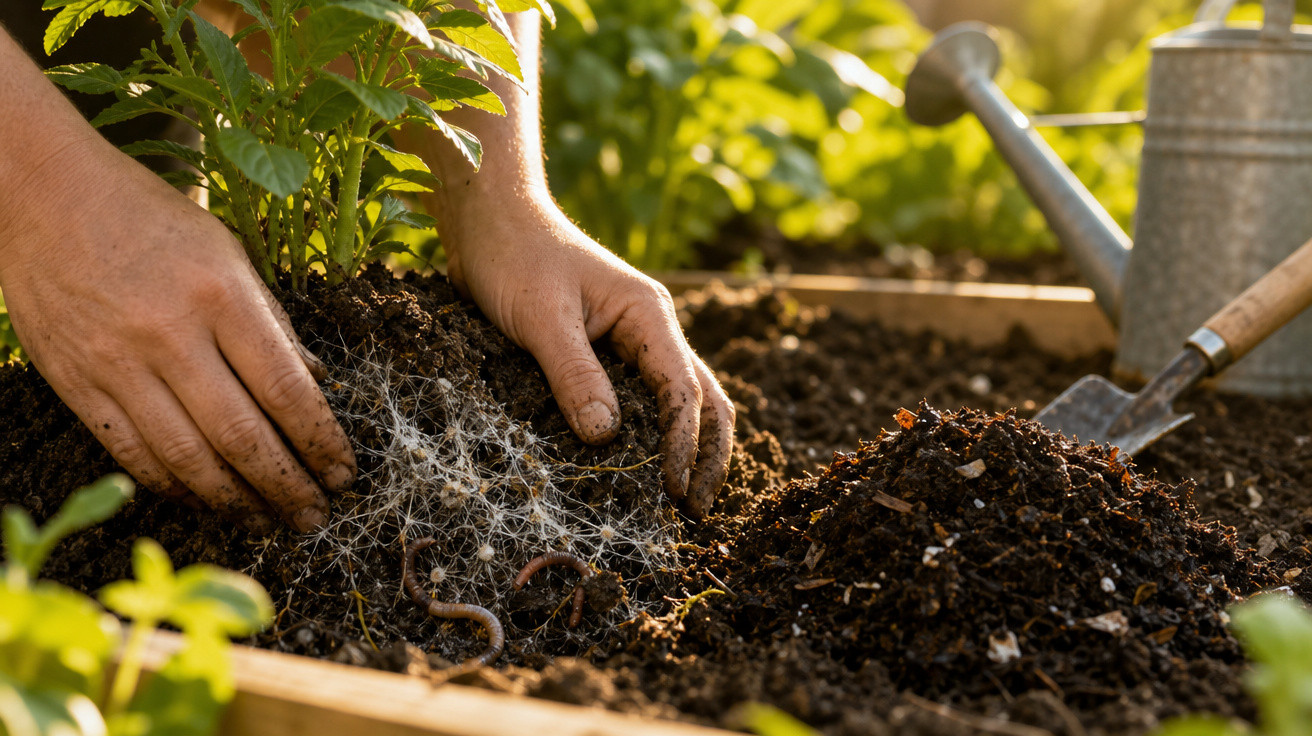 Mãos a plantar uma muda numa cama de terra com minhocas, regador e enxada ao fundo, em luz solar.