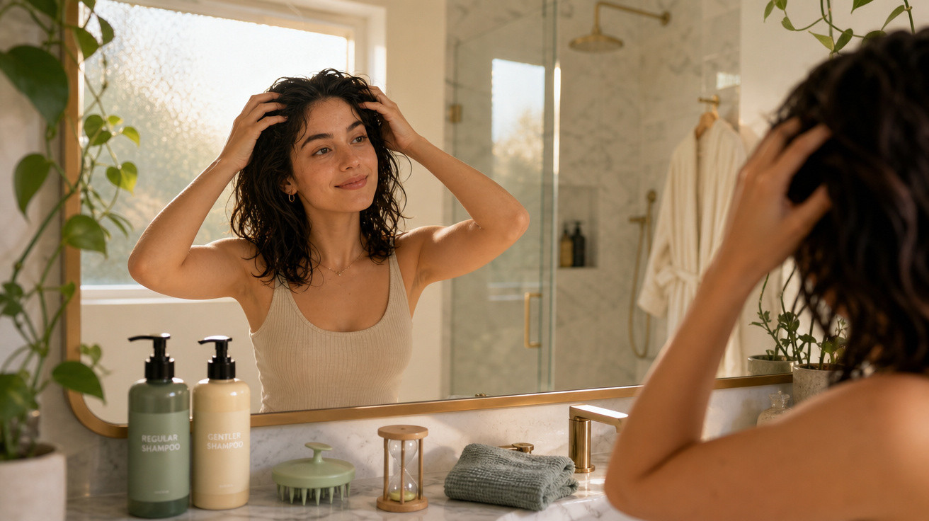 Mulher a cuidar do cabelo e a olhar para o espelho numa casa de banho luminosa e decorada com plantas.
